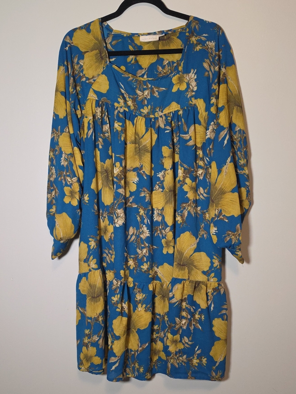 Happy Nature Boho Floral Tiered Long-Sleeve Dress in Teal and Mustard